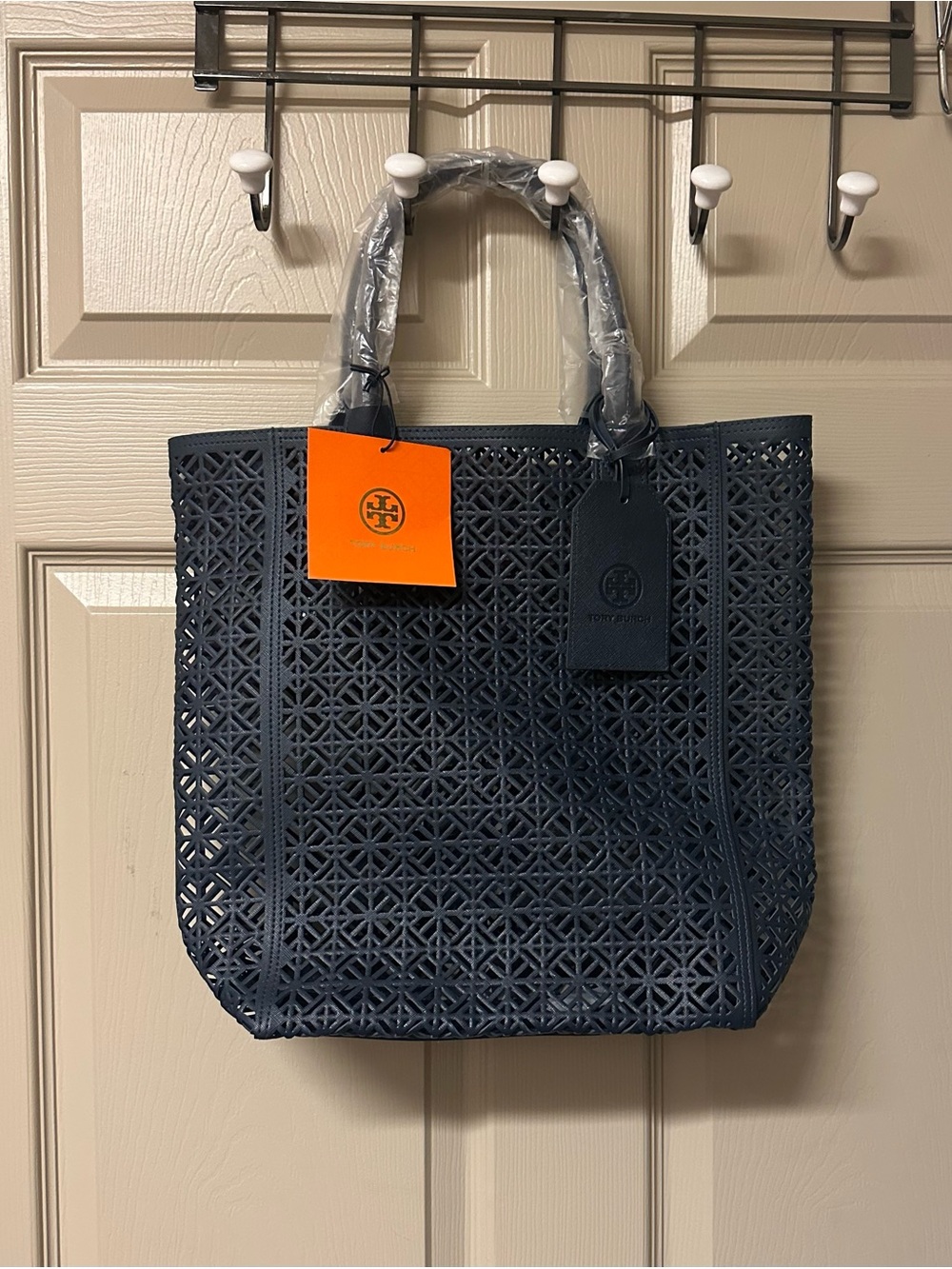 Tory Burch Navy Laser-Cut Perforated Tote
